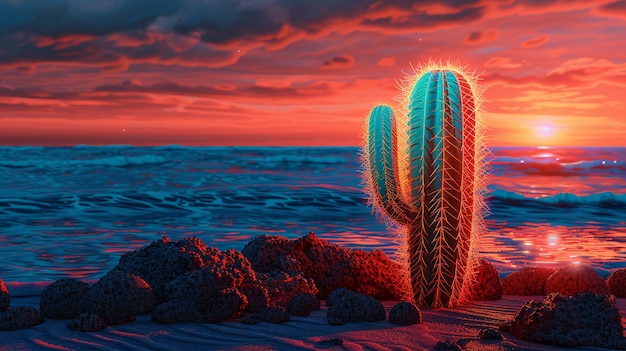 Foto grátis renderização 3d de cactos de néon vibrantes no deserto.