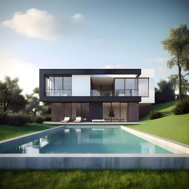 Renderização 3d de casa aconchegante moderna com piscina e estacionamento para venda ou aluguel