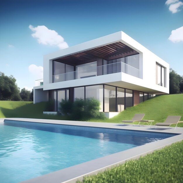 Renderização 3D de casa moderna com piscina e fundo de céu azul