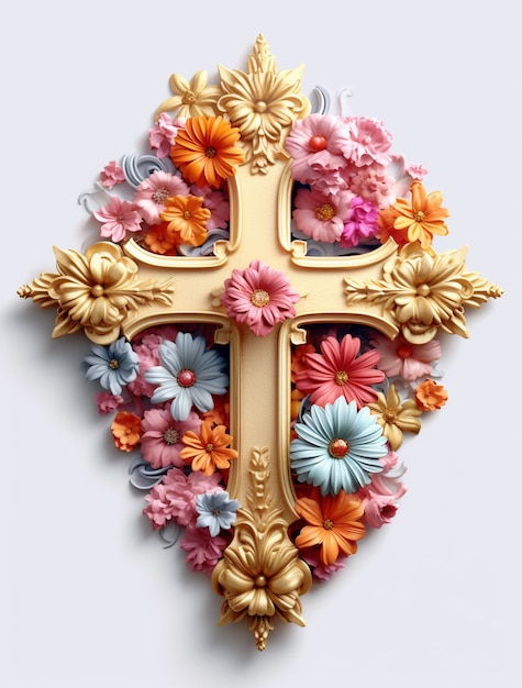 Renderização 3D de cruz cercada por flores