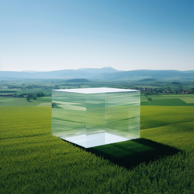 Renderização 3D de cubo transparente em campo