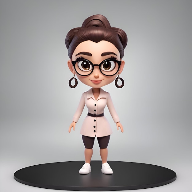 Renderização 3D de Cute Cartoon Girl com Óculos Grandes