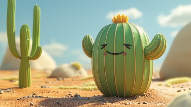 Renderização 3D de desenho animado de cacto com rosto amigável