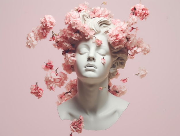 Renderização 3D de estátua com flores