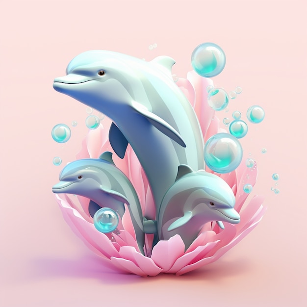 Renderização 3D de golfinhos com corais