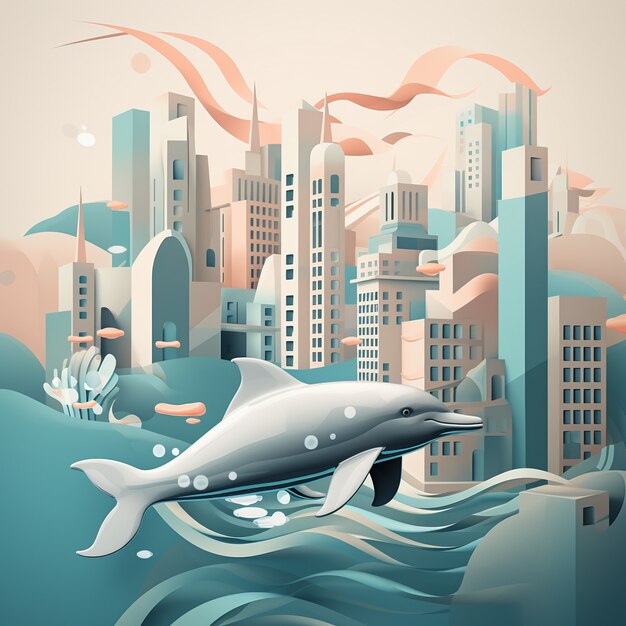 Renderização 3D de golfinhos em cidade subaquática