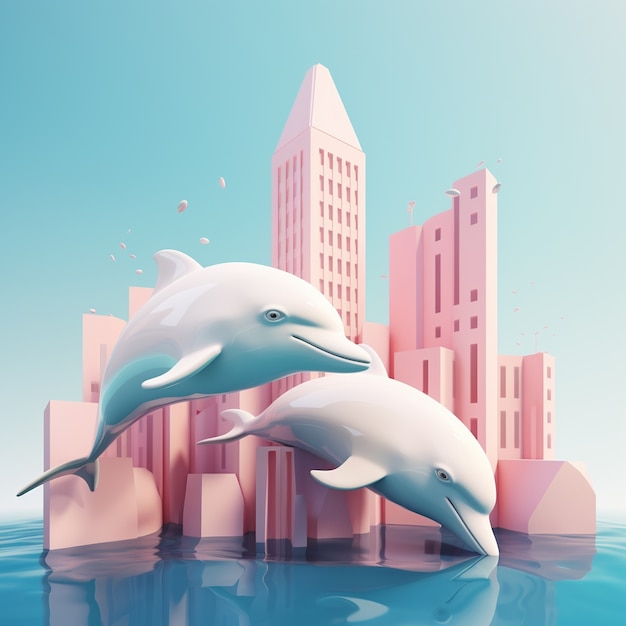 Renderização 3D de golfinhos em cidade subaquática