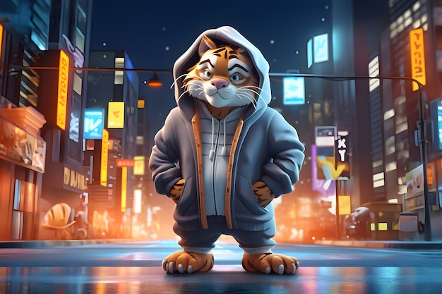 Renderização 3D de jovem tigre na cidade