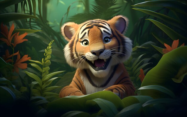 Renderização 3D de jovem tigre na selva