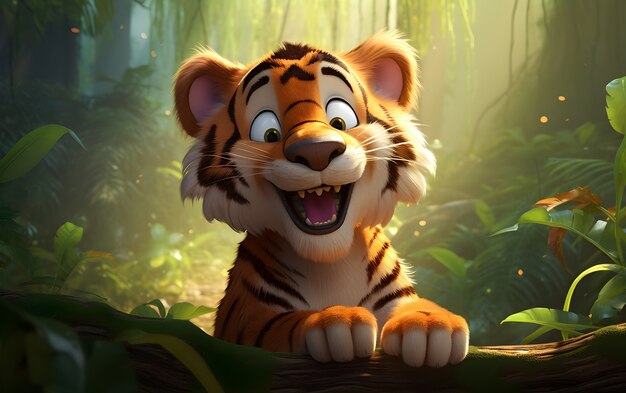Renderização 3D de jovem tigre na selva