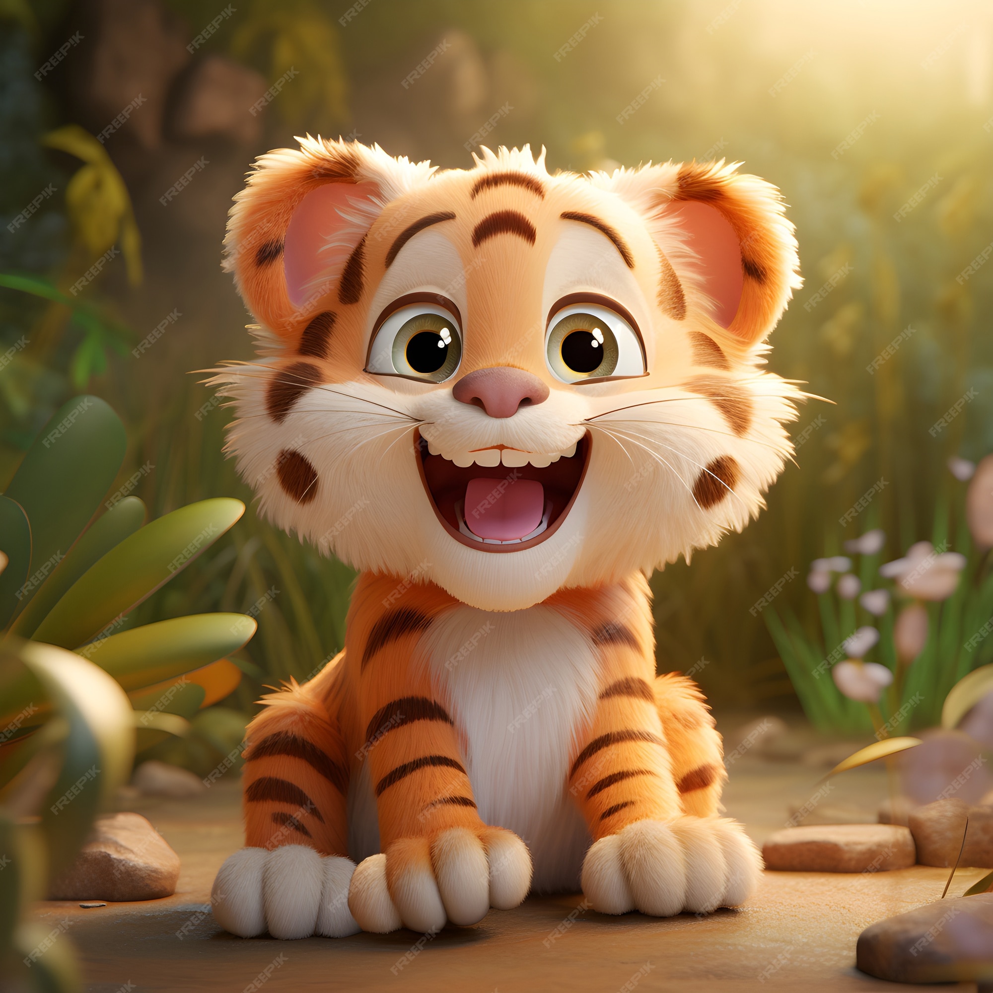 Renderização 3d do jovem tigre de desenho animado