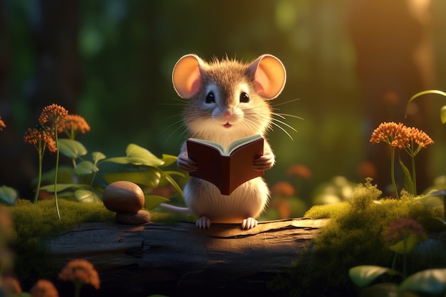 Renderização 3D de livro de leitura de animais da floresta.