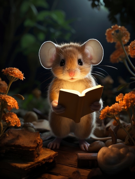 Renderização 3D de livro de leitura de animais da floresta.