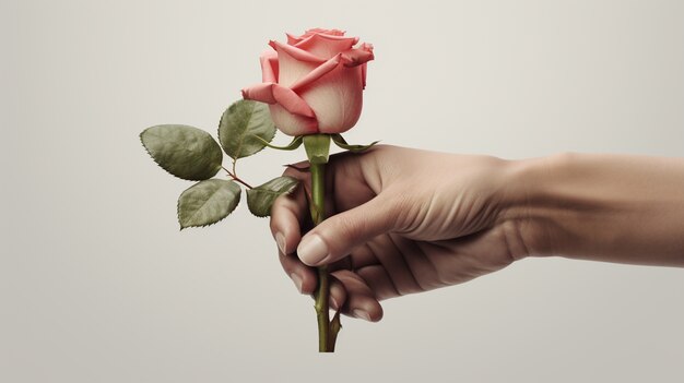 Renderização 3D de mão segurando uma rosa