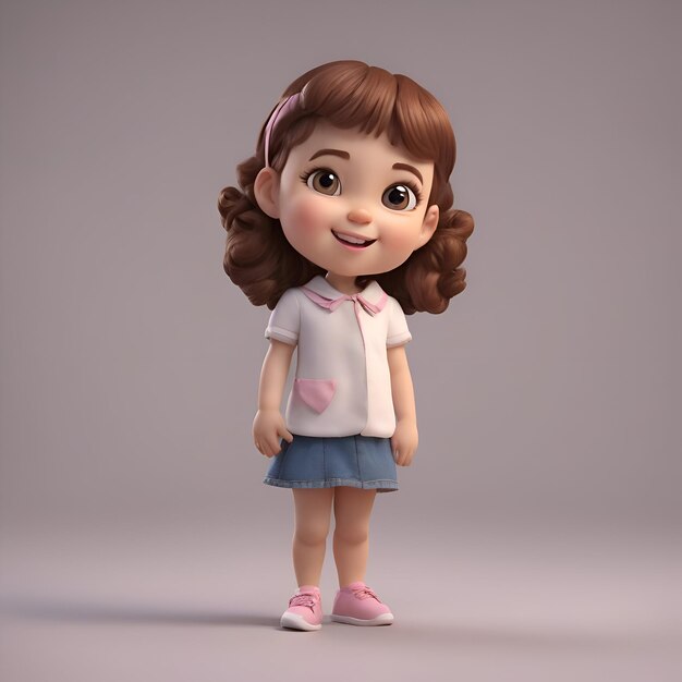 Renderização 3D de Menina com uma camisa rosa e saia azul