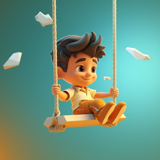 Renderização 3d de menino brincando no balanço