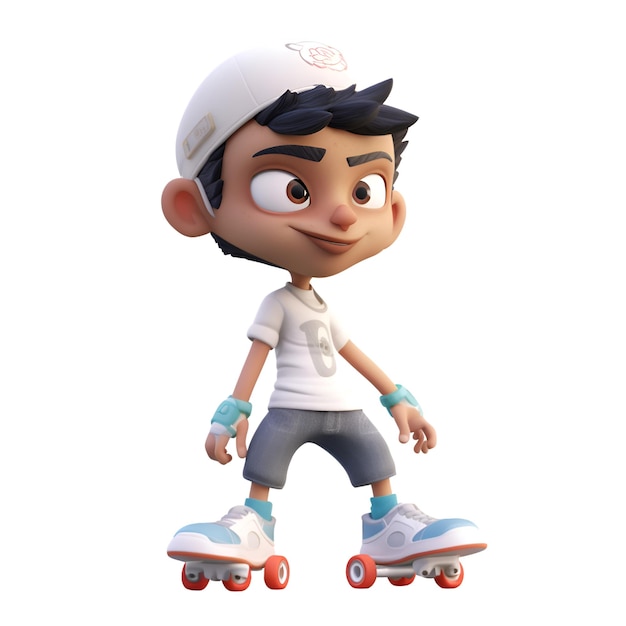 Renderização 3D de Menino com Patins de Roller em fundo branco