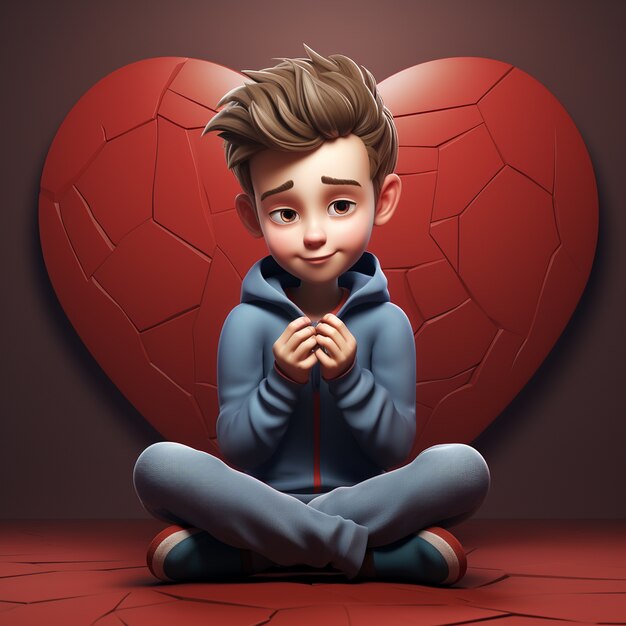 Renderização 3D de menino de desenho animado com coração partido