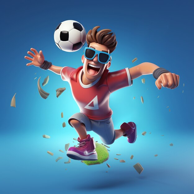 Renderização 3D de menino jogando futebol