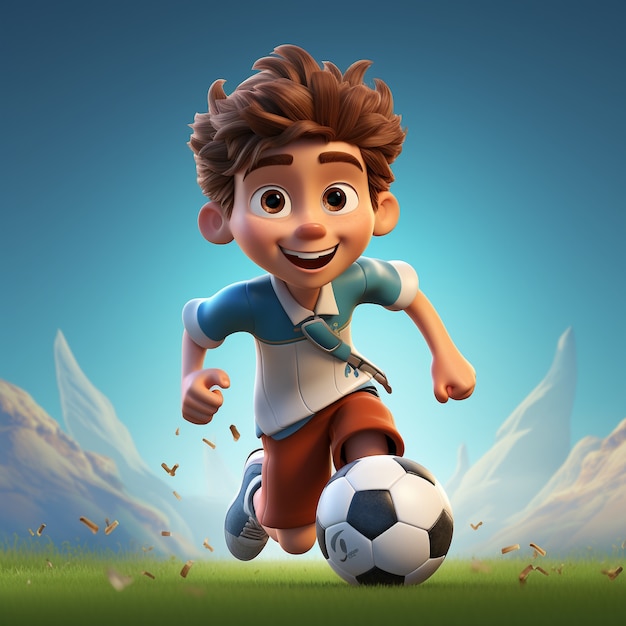 Renderização 3D de menino jogando futebol