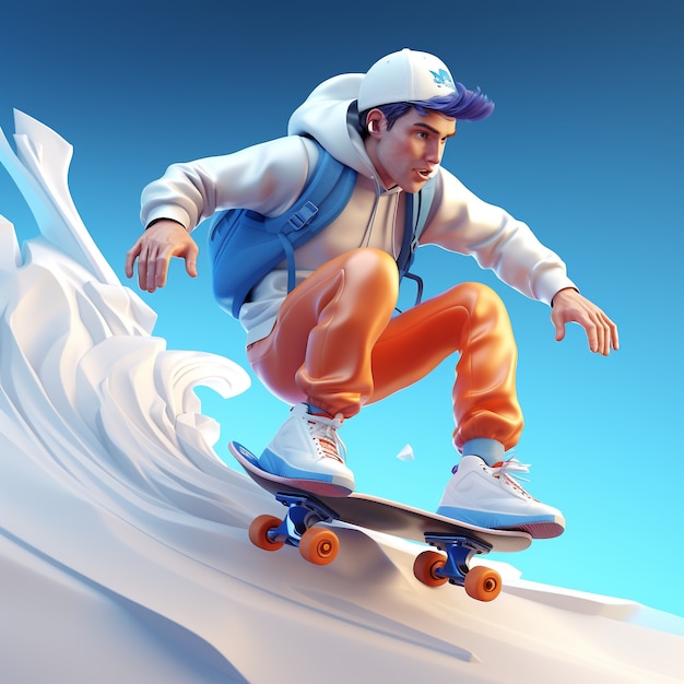 Renderização 3D de menino no skate