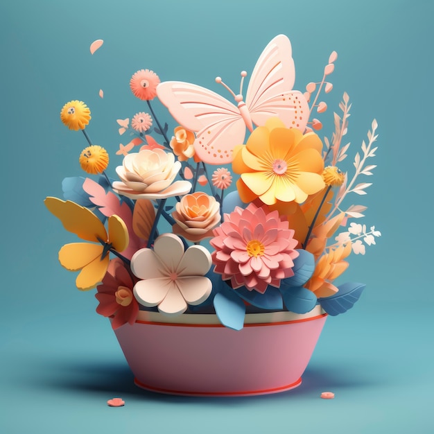 Renderização 3D de papel como decoração de flores