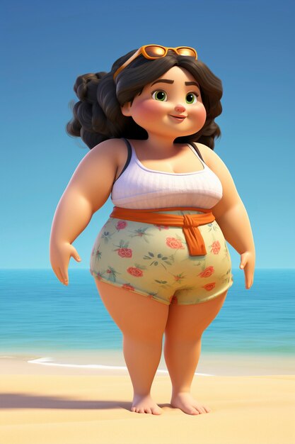 Renderização 3D de personagem gordinho na praia