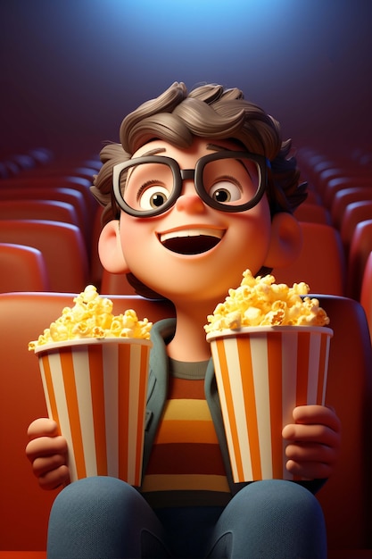 Renderização 3D de pessoa assistindo filme com pipoca