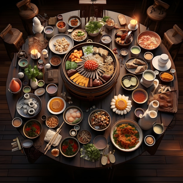 Foto grátis renderização 3d de pratos de jantar de reunião chinesa