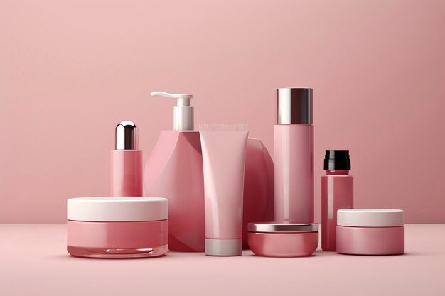 Renderização 3D de produtos de cuidados pessoais em rosa fondante