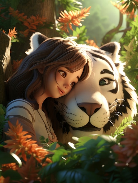 Foto grátis renderização 3d de tigre da floresta com mulher.