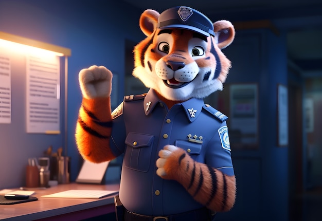 Renderização 3D de tigre de desenho animado como policial
