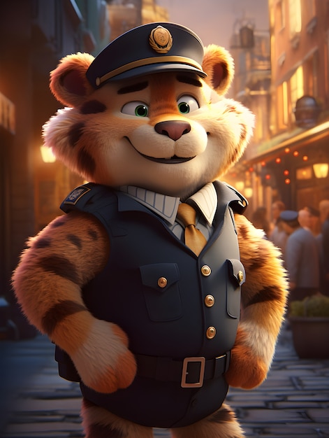 Renderização 3d de tigre de desenho animado como policial