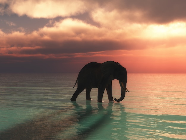 Renderização 3d de um elefante caminhando no oceano contra um céu ao pôr do sol