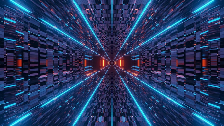 Foto grátis renderização 3d de um fundo futurista com formas geométricas e luzes de néon coloridas