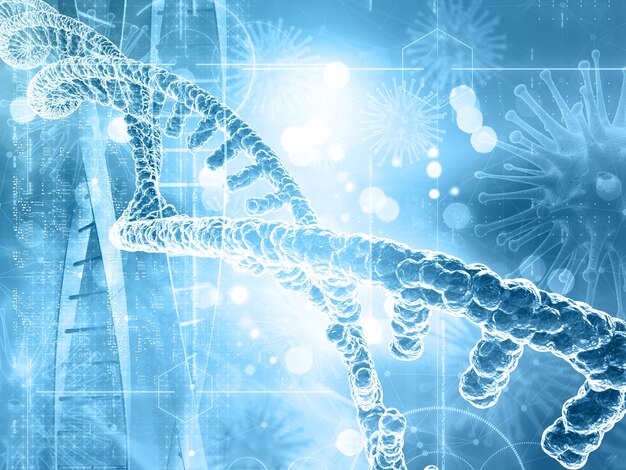 Renderização 3D de um histórico médico com fitas de DNA e células de vírus