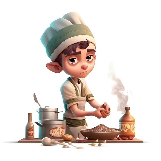 Renderização 3D de um menino com um chapéu de chef cozinhando