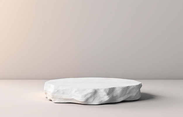 Renderização 3D de um pedestal de pedra branca para produtos em um fundo de cor suave