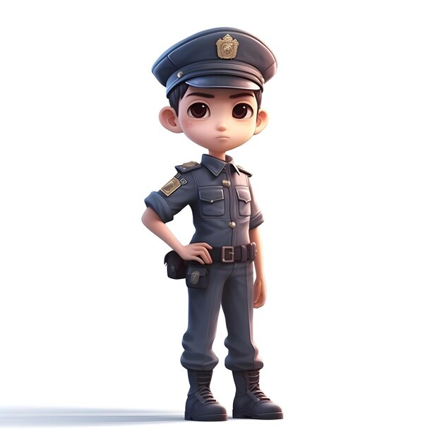 Renderização 3D de um pequeno policial com chapéu e uniforme