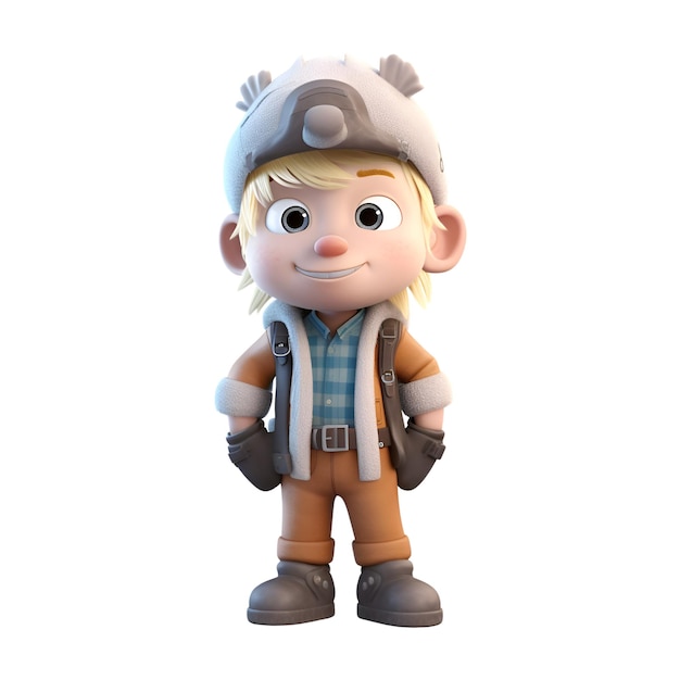 Renderização 3d de um personagem de desenho animado com uma mochila em fundo branco