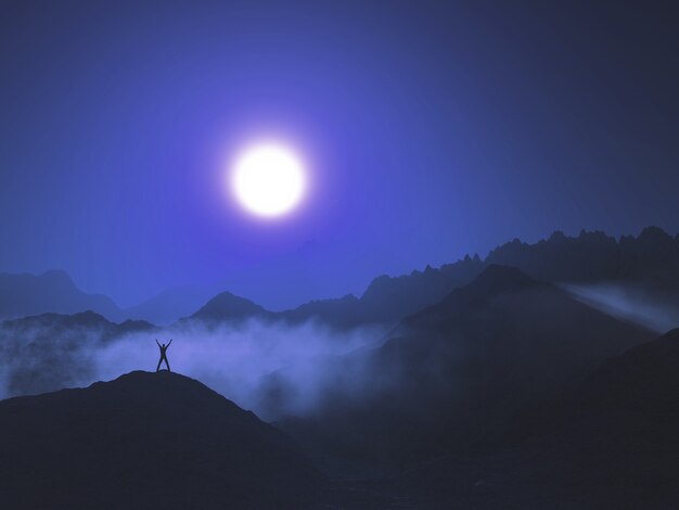 Renderização 3D de uma figura masculina em uma paisagem montanhosa com nuvens baixas contra um céu ao pôr do sol