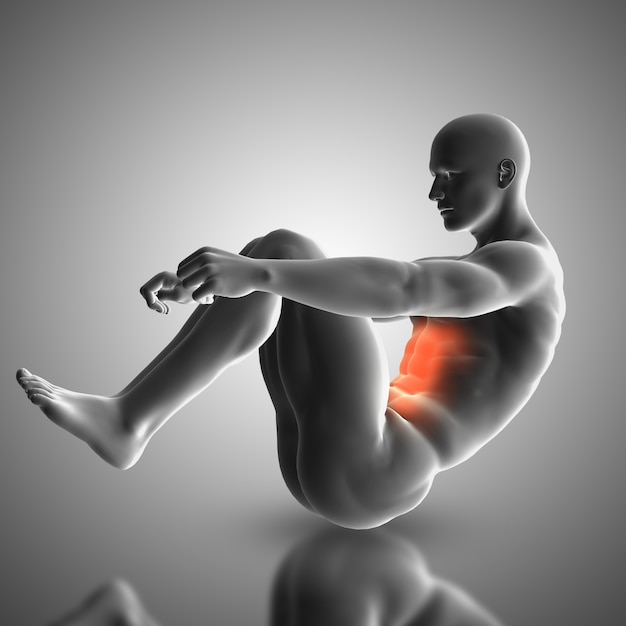 Renderização 3D de uma figura masculina fazendo exercícios crunch mostrando músculos usados