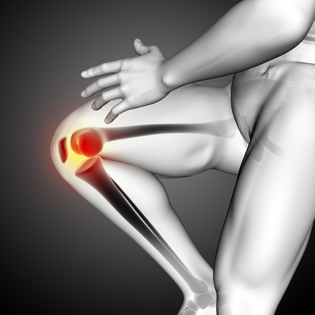 Foto grátis renderização 3d de uma figura médica masculina com close-up do osso do joelho