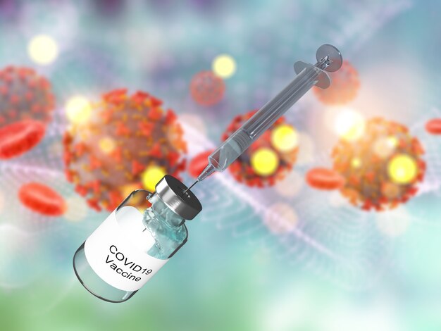 Renderização 3D de uma formação médica com seringa e vacina em células do vírus Covid 19 e células sanguíneas