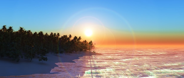 Renderização 3D de uma ilha de palmeiras ao pôr do sol em widescreen