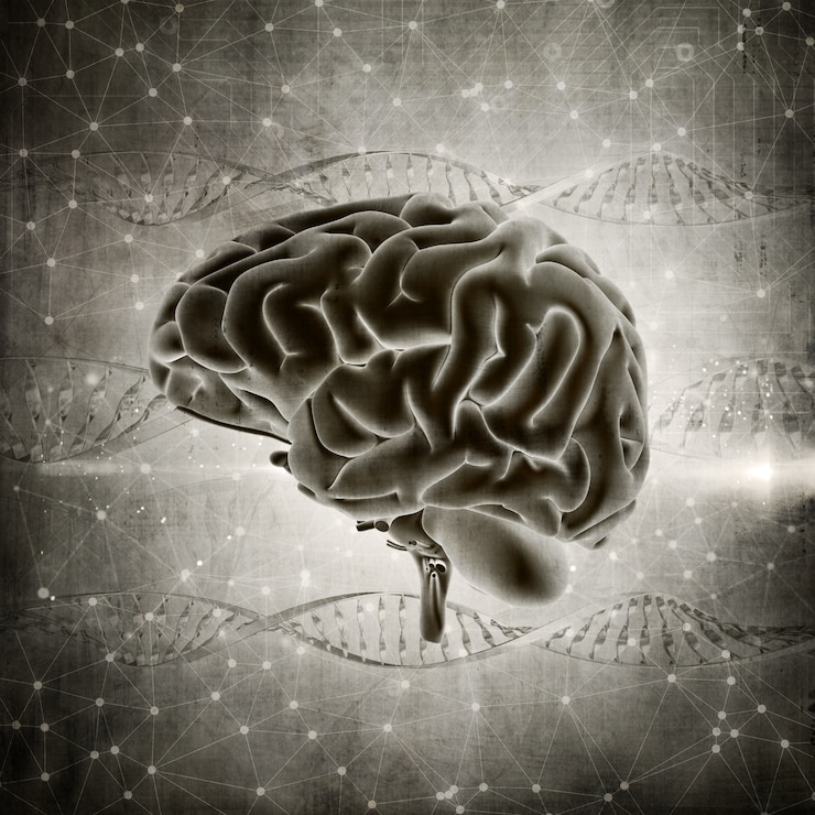 Foto grátis renderização 3d de uma imagem cerebral de estilo grunge em um fundo de dna