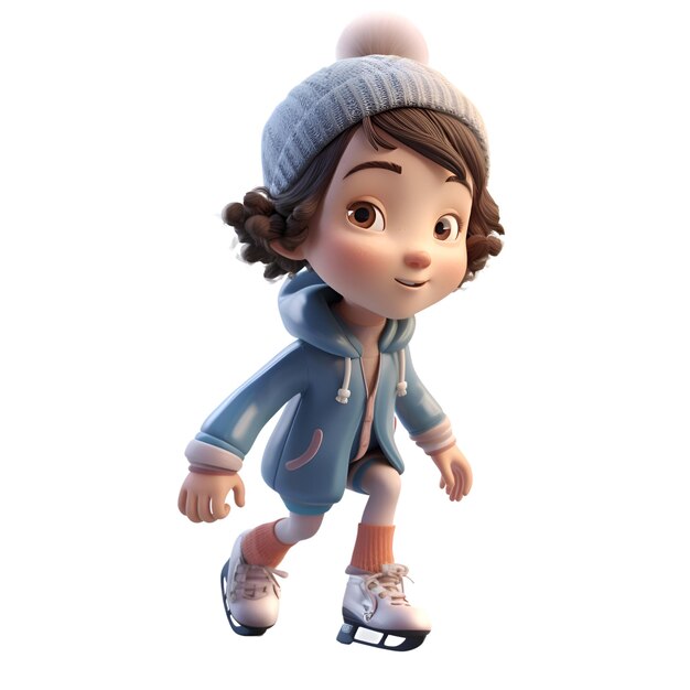 Renderização 3D de uma menina patinando no gelo em fundo branco