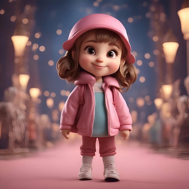Renderização 3D de uma menina vestindo uma jaqueta de inverno rosa