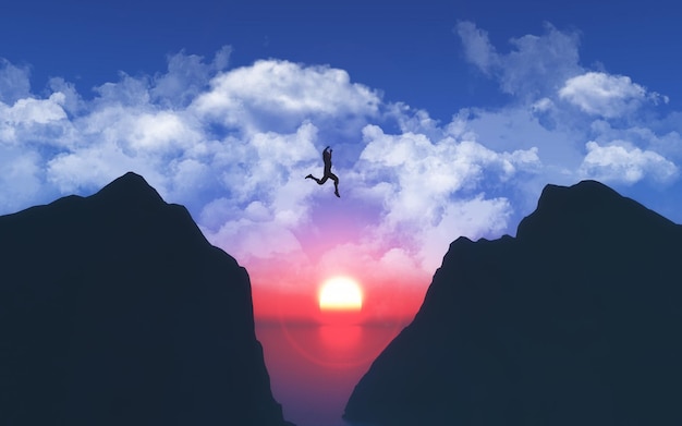 Foto grátis renderização 3d de uma paisagem com macho pulando de uma montanha para outra