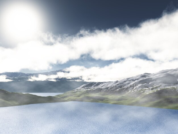 Renderização 3D de uma paisagem de montanha e lago com nuvens baixas